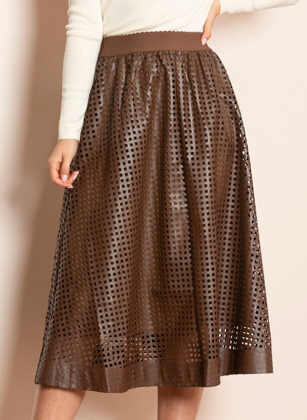 Serena Perforated Pleather Gathered Midi Skirt with Elastic WB