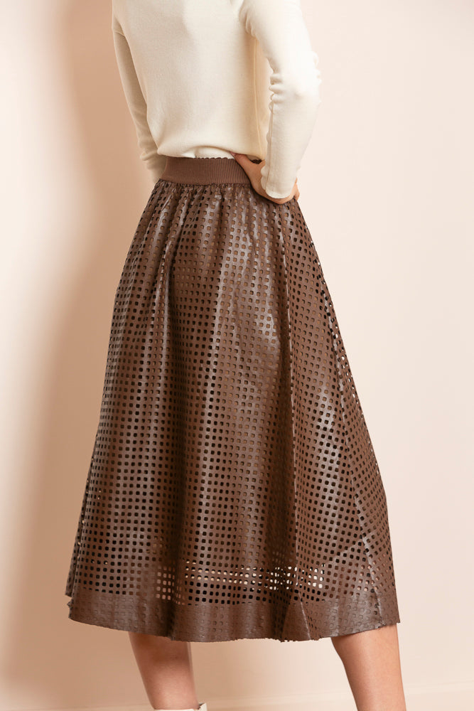 Serena Perforated Pleather Gathered Midi Skirt with Elastic WB