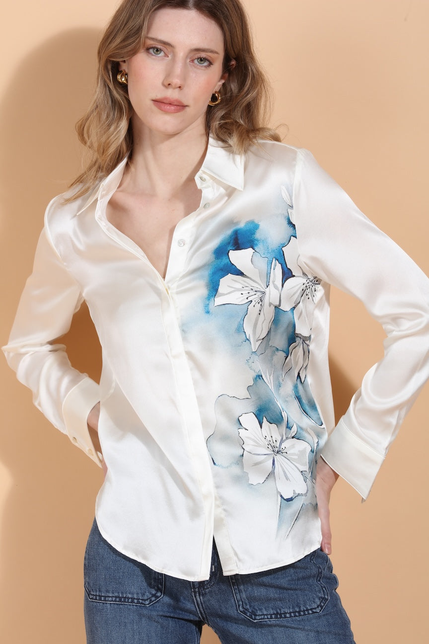 Lily Print Button Down Silk Blouse