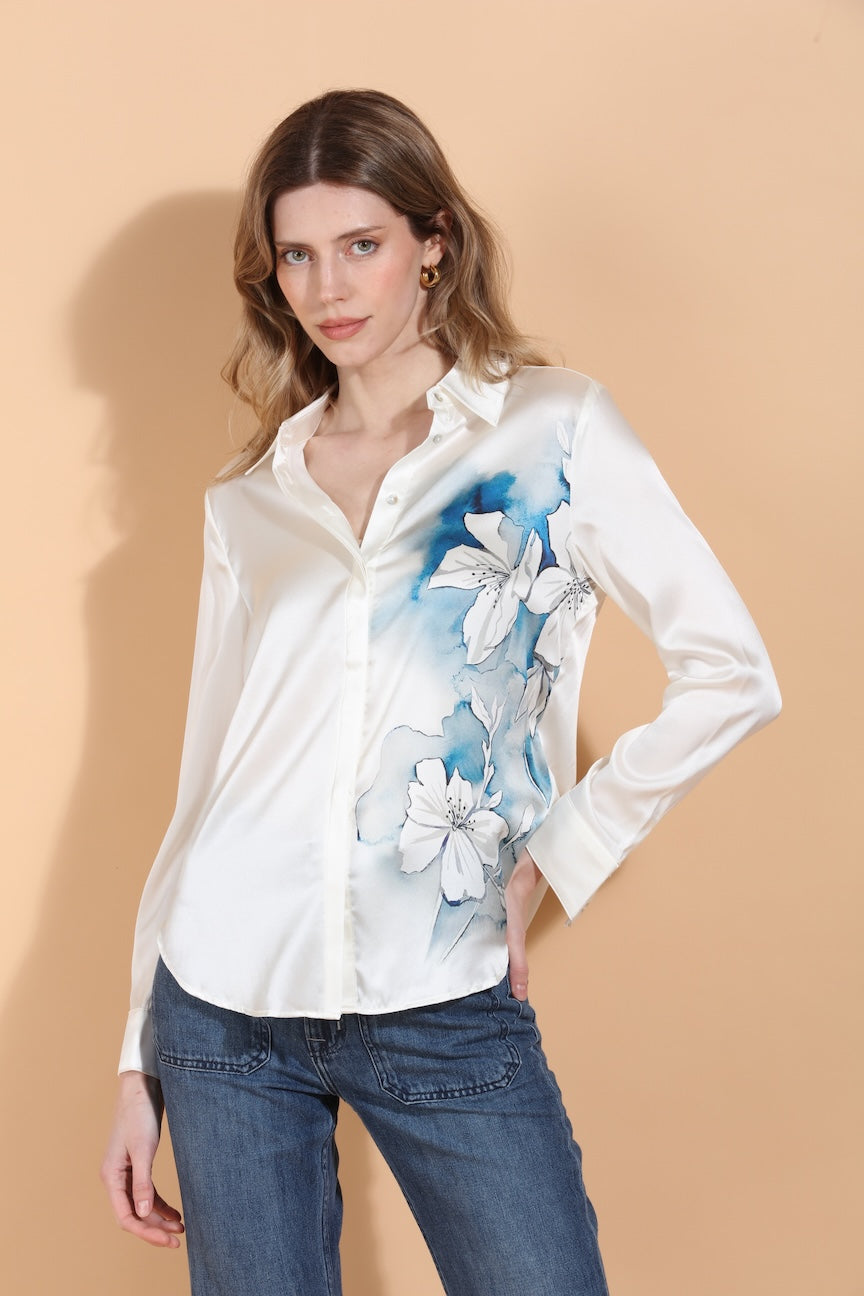 Lily Print Button Down Silk Blouse