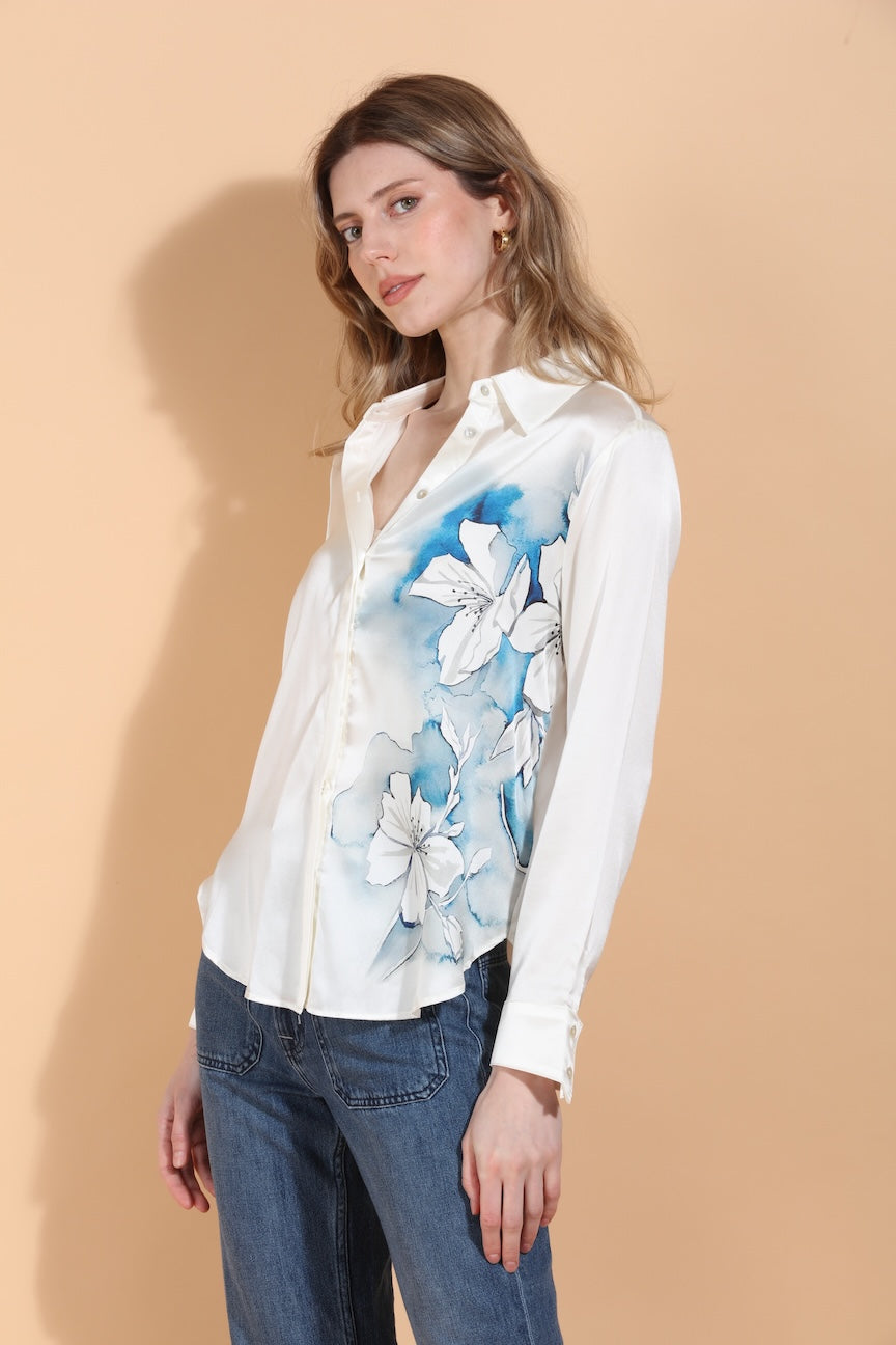 Lily Print Button Down Silk Blouse