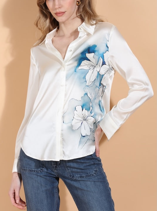 Lily Print Button Down Silk Blouse