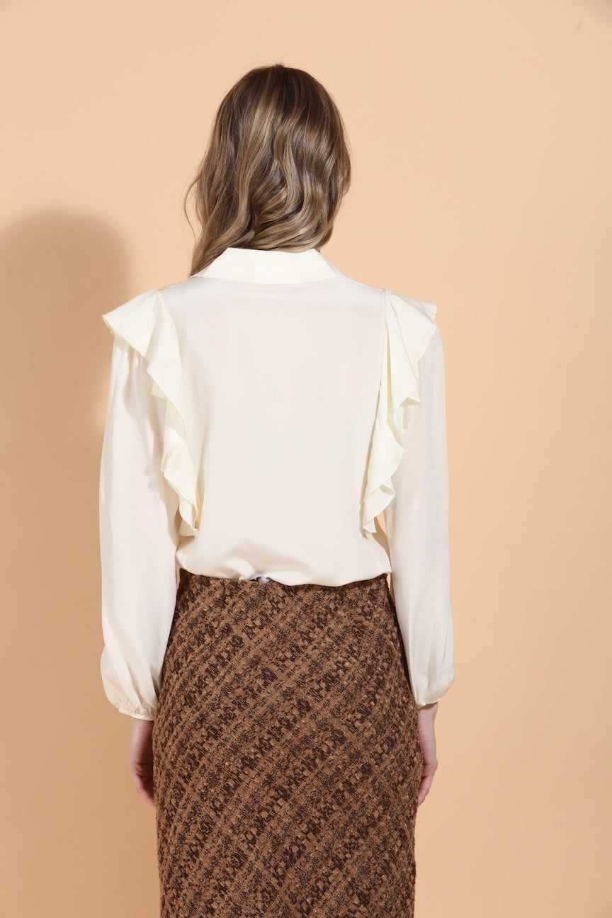 Puff Sleeve Silk Blouse with Ruffle Details