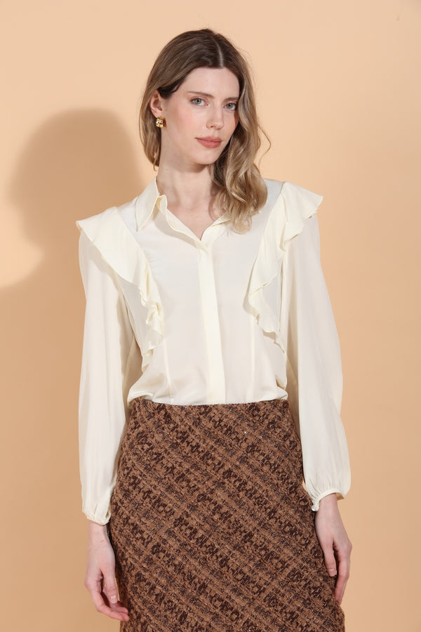 Puff Sleeve Silk Blouse with Ruffle Details
