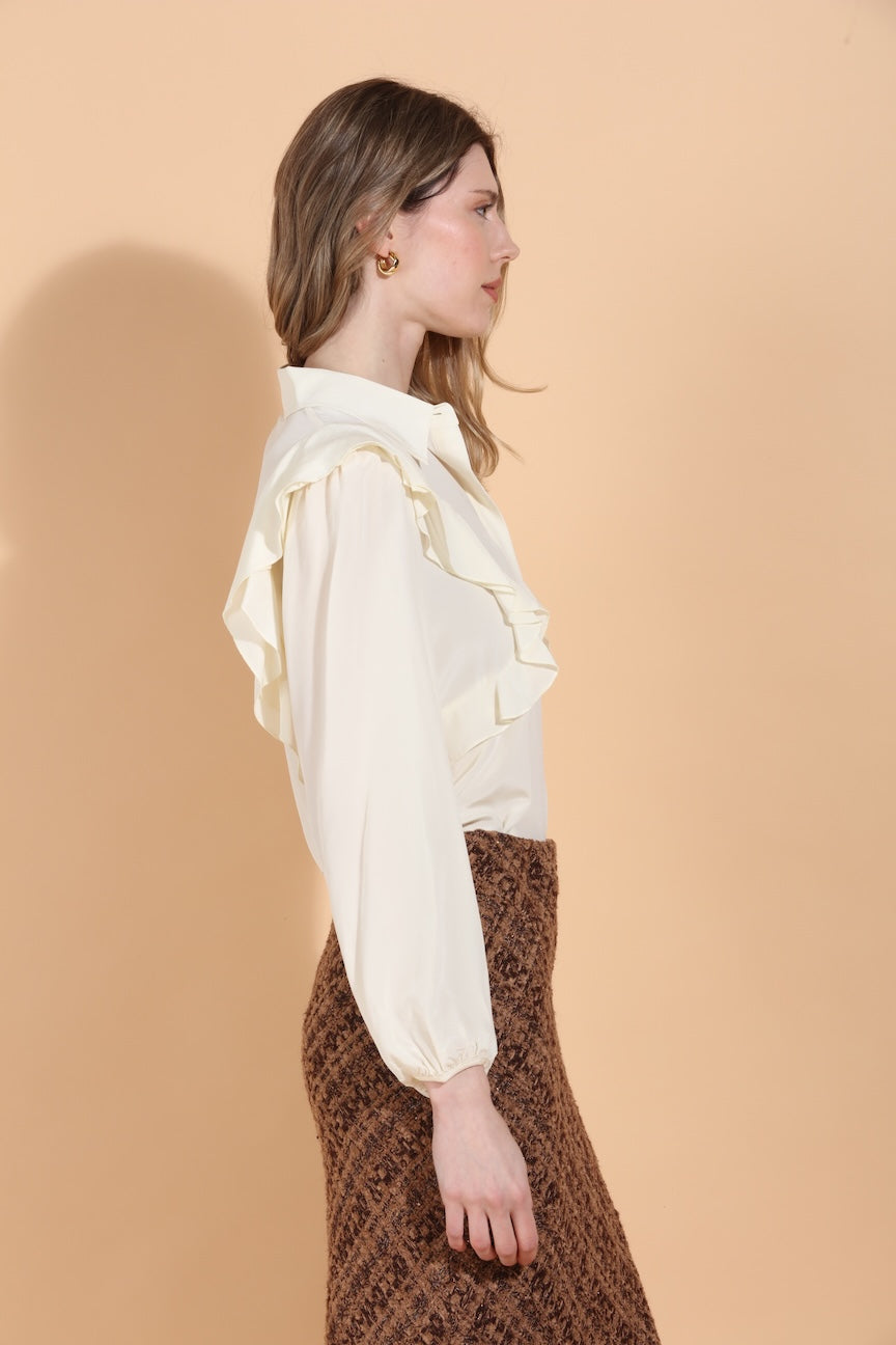 Puff Sleeve Silk Blouse with Ruffle Details