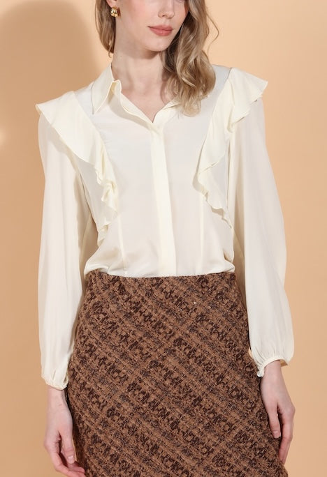 Puff Sleeve Silk Blouse with Ruffle Details