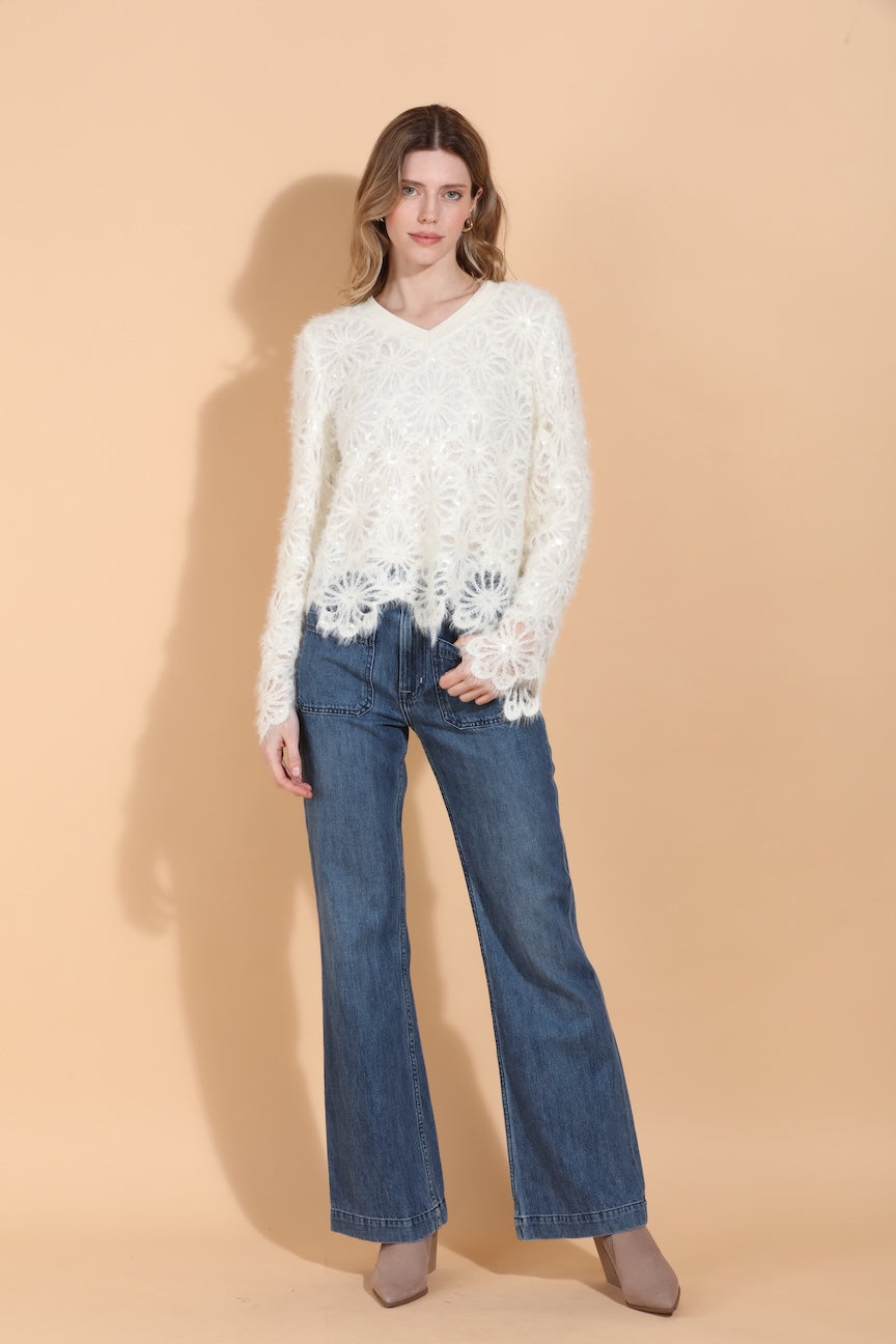 Sequin Flower V-Neck Top
