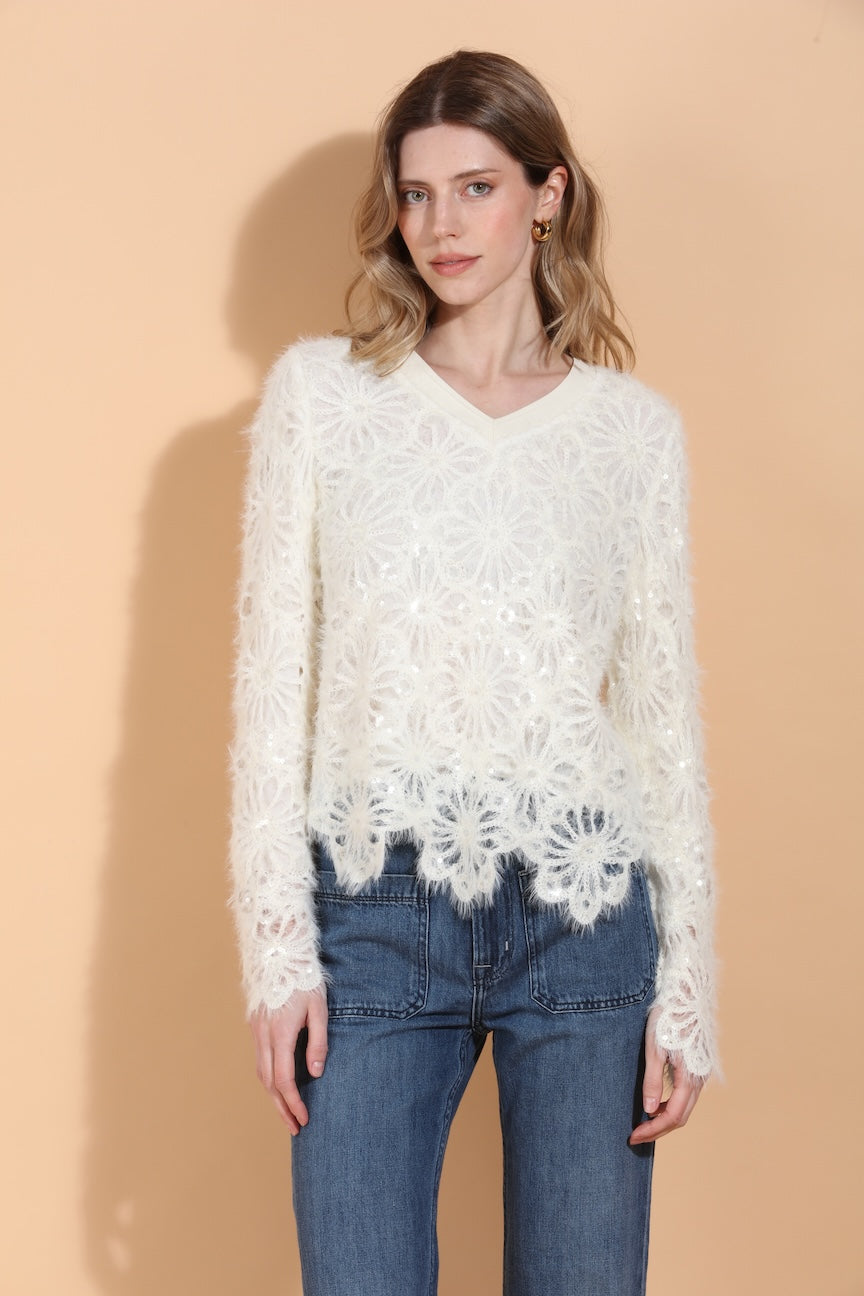 Sequin Flower V-Neck Top