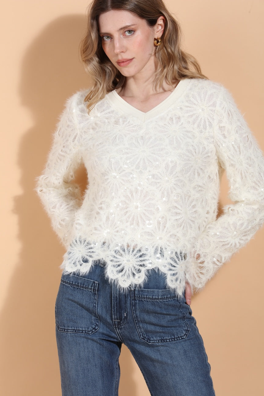 Sequin Flower V-Neck Top