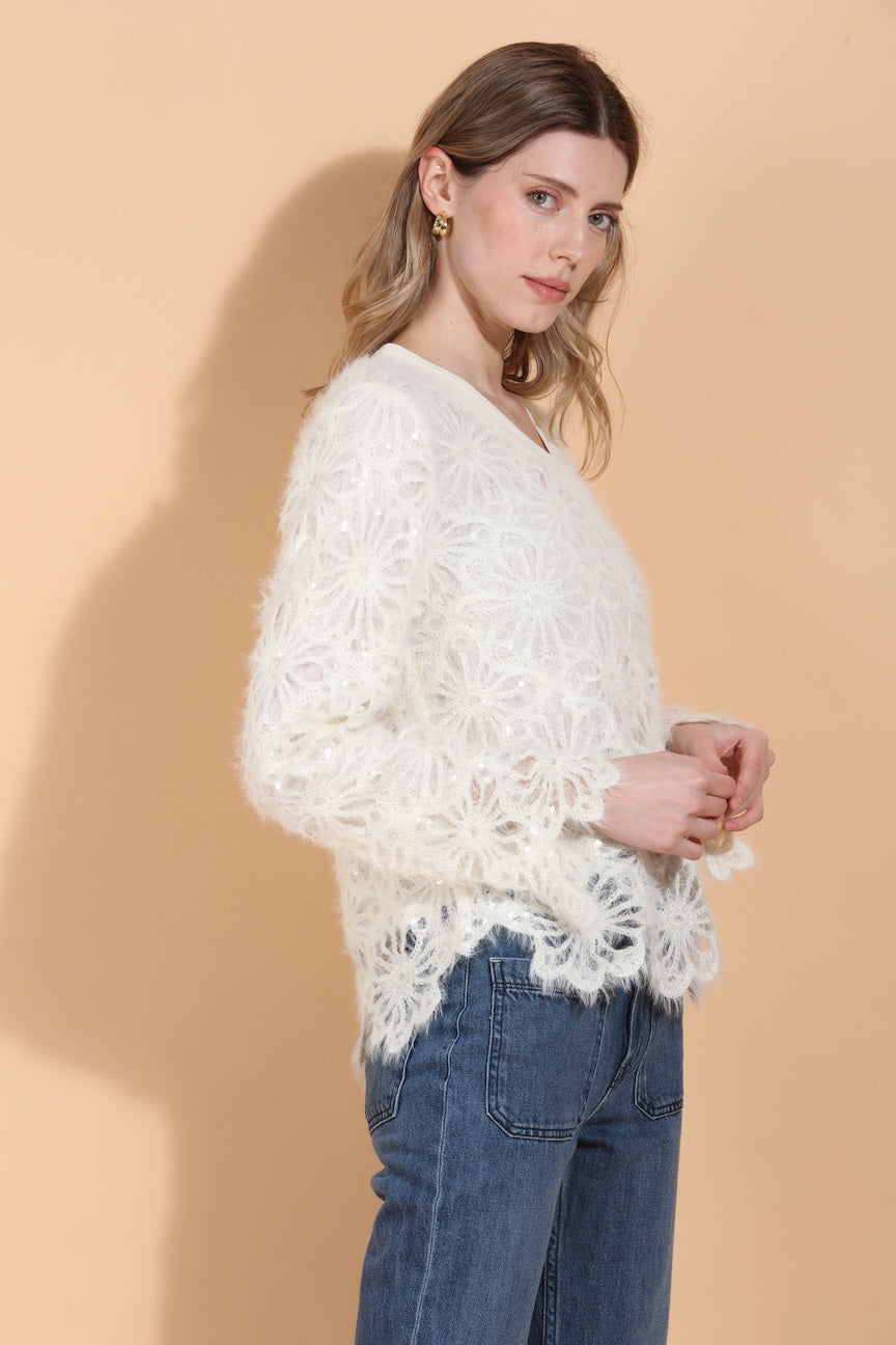Sequin Flower V-Neck Top