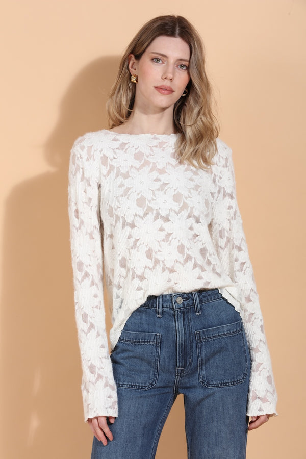 Flower Textured Stretch Top with Back Button Details