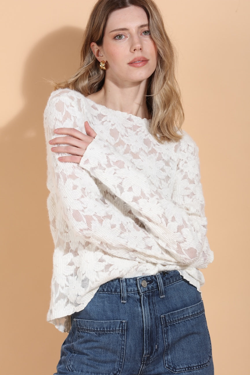 Flower Textured Stretch Top with Back Button Details