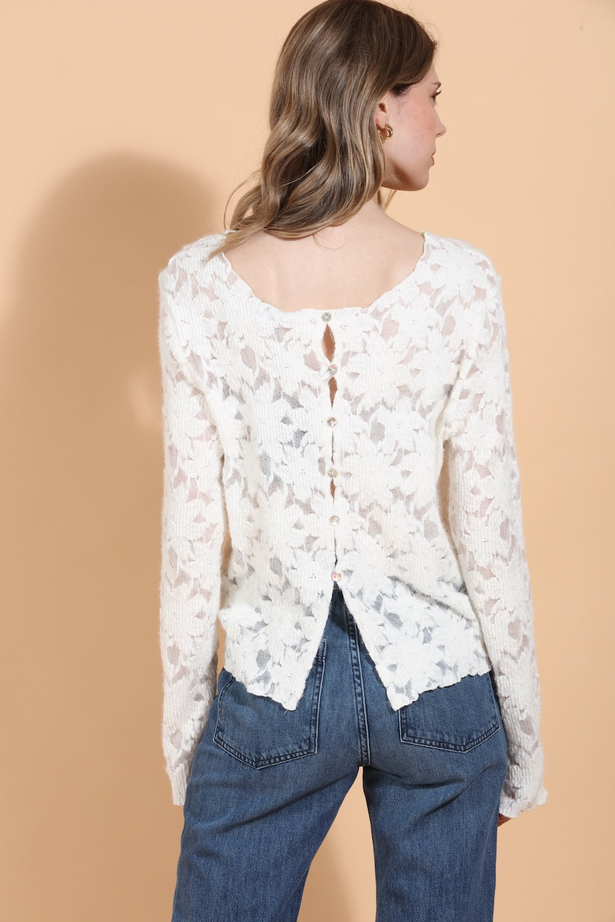 Flower Textured Stretch Top with Back Button Details