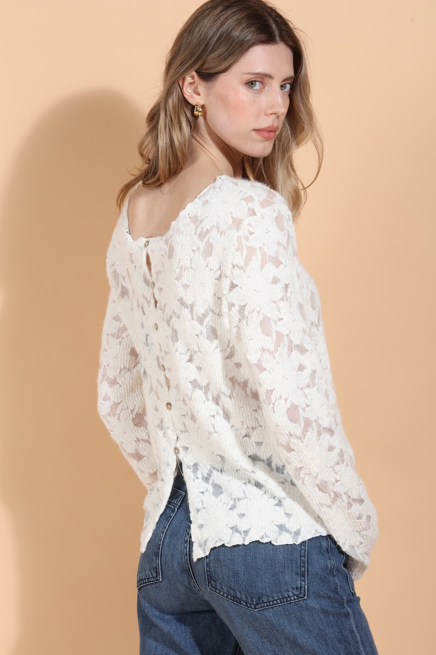 Flower Textured Stretch Top with Back Button Details