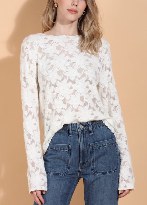 Flower Textured Stretch Top with Back Button Details