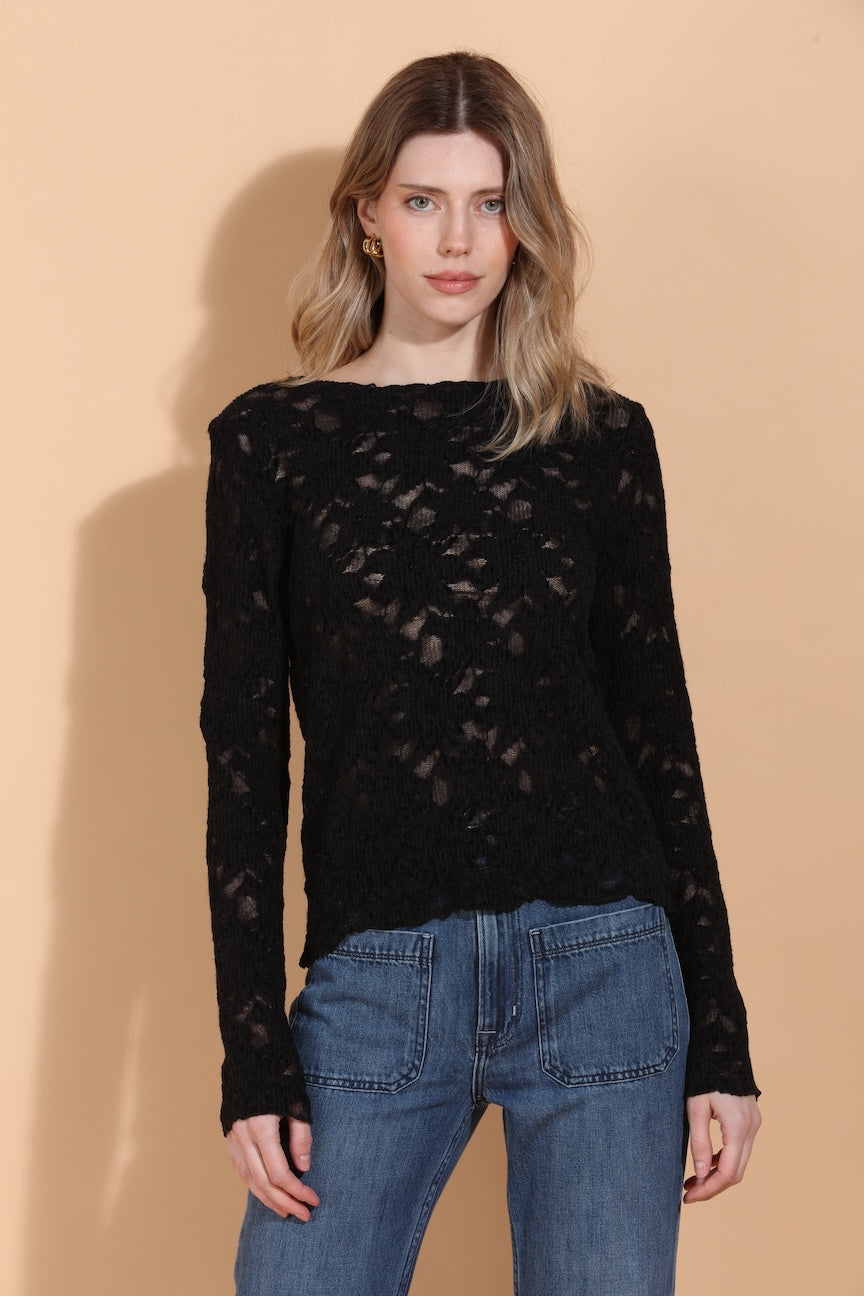 Flower Textured Stretch Top with Back Button Details