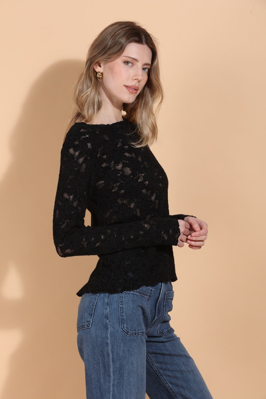 Flower Textured Stretch Top with Back Button Details