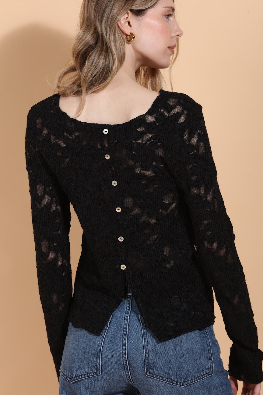 Flower Textured Stretch Top with Back Button Details