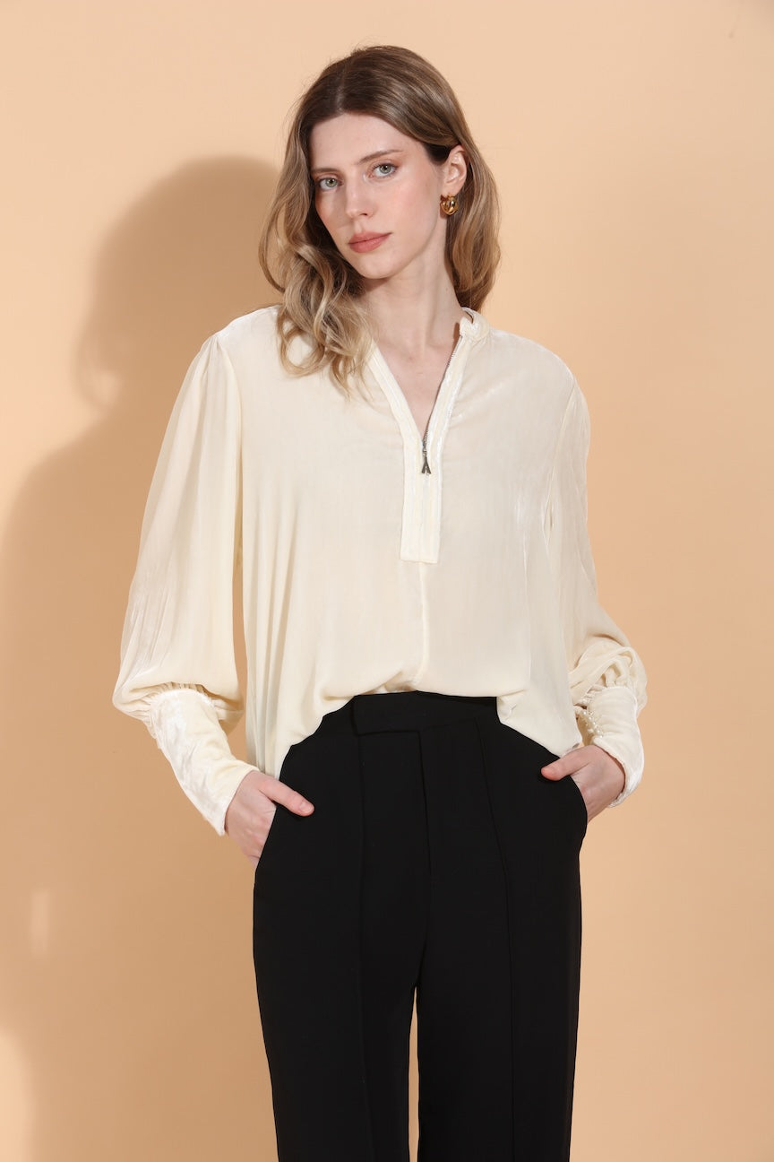 Silk Velvet Blouse with Front Zipped Opening