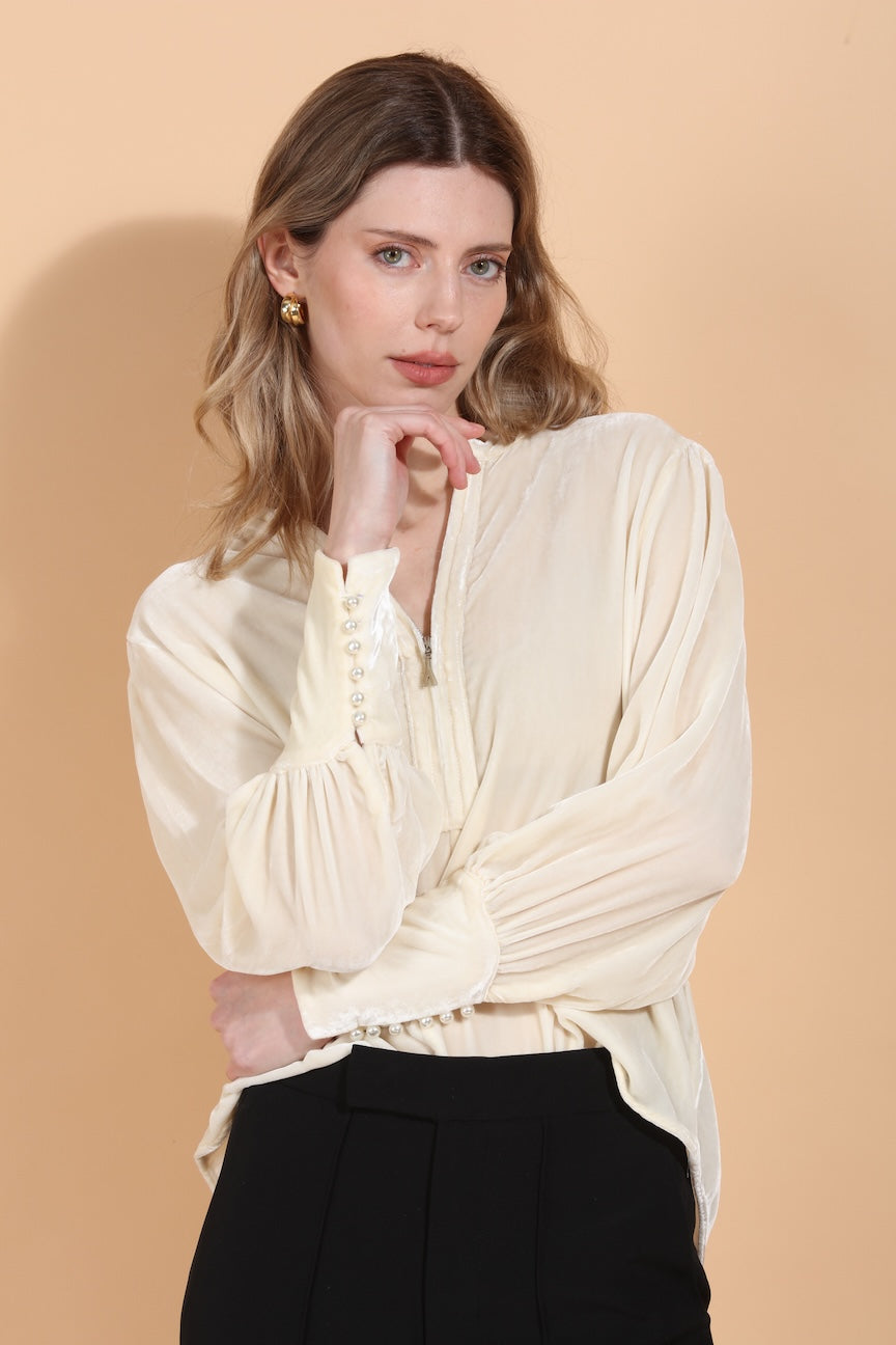 Silk Velvet Blouse with Front Zipped Opening