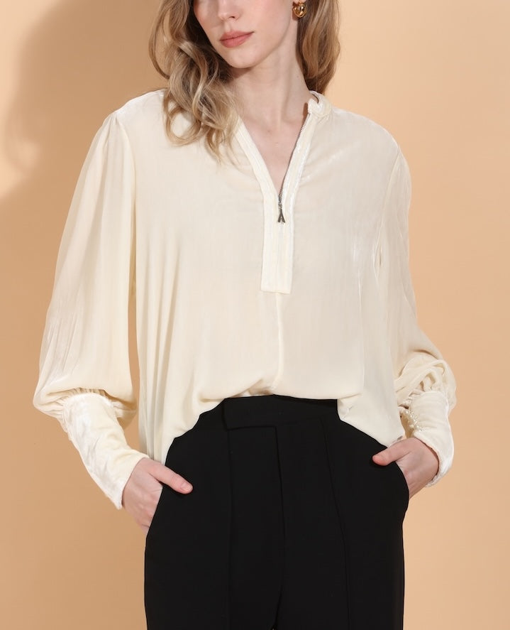 Silk Velvet Blouse with Front Zipped Opening