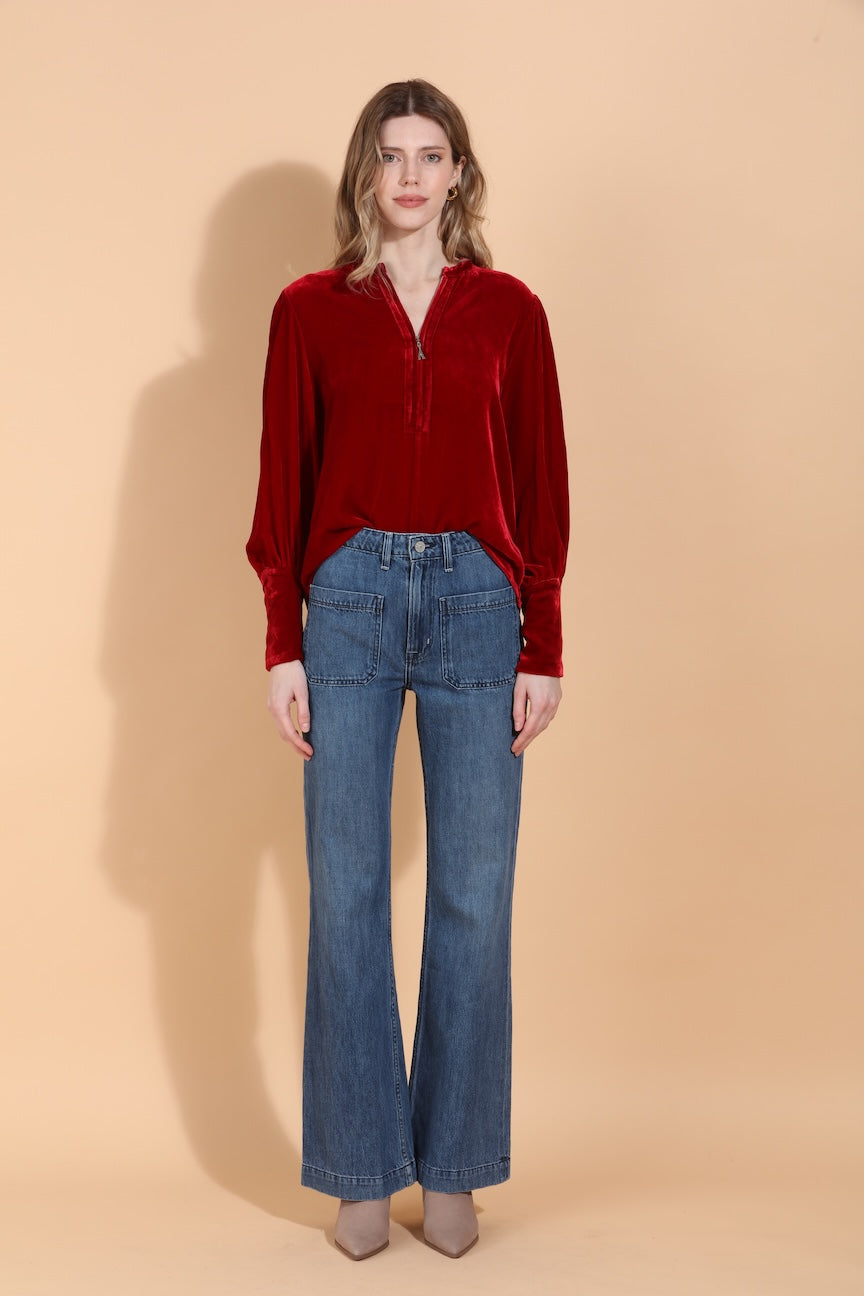 Silk Velvet Blouse with Front Zipped Opening