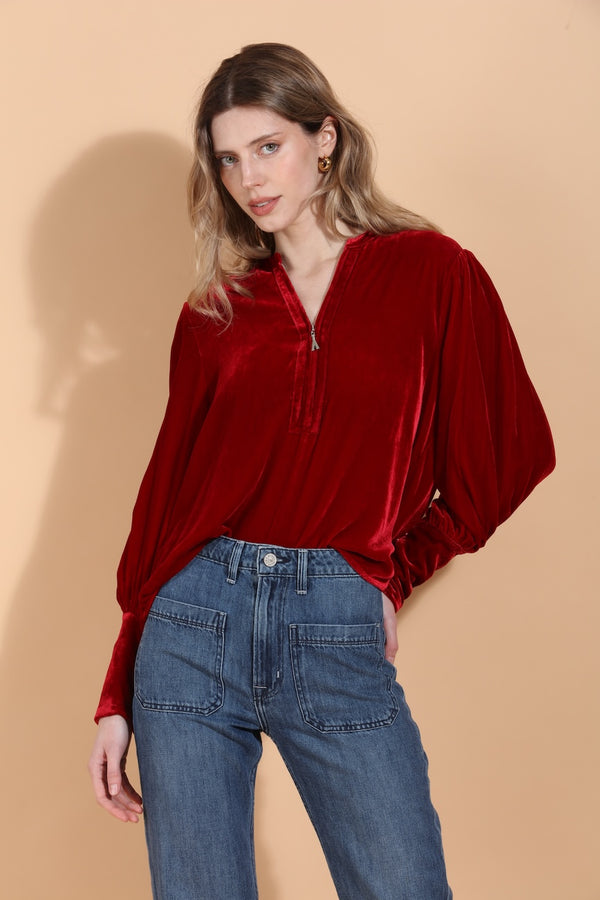 Silk Velvet Blouse with Front Zipped Opening
