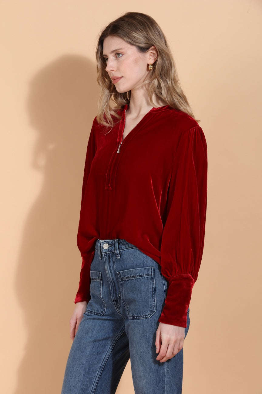 Silk Velvet Blouse with Front Zipped Opening