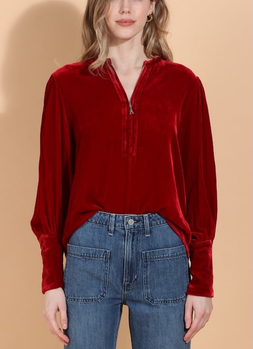 Silk Velvet Blouse with Front Zipped Opening
