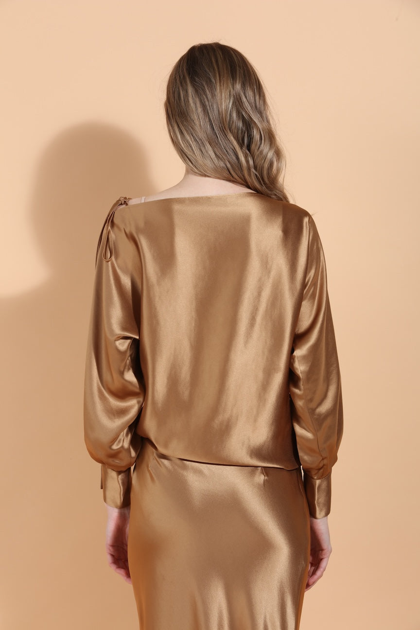 Boat Neck Satin Blouse with Split Sleeves