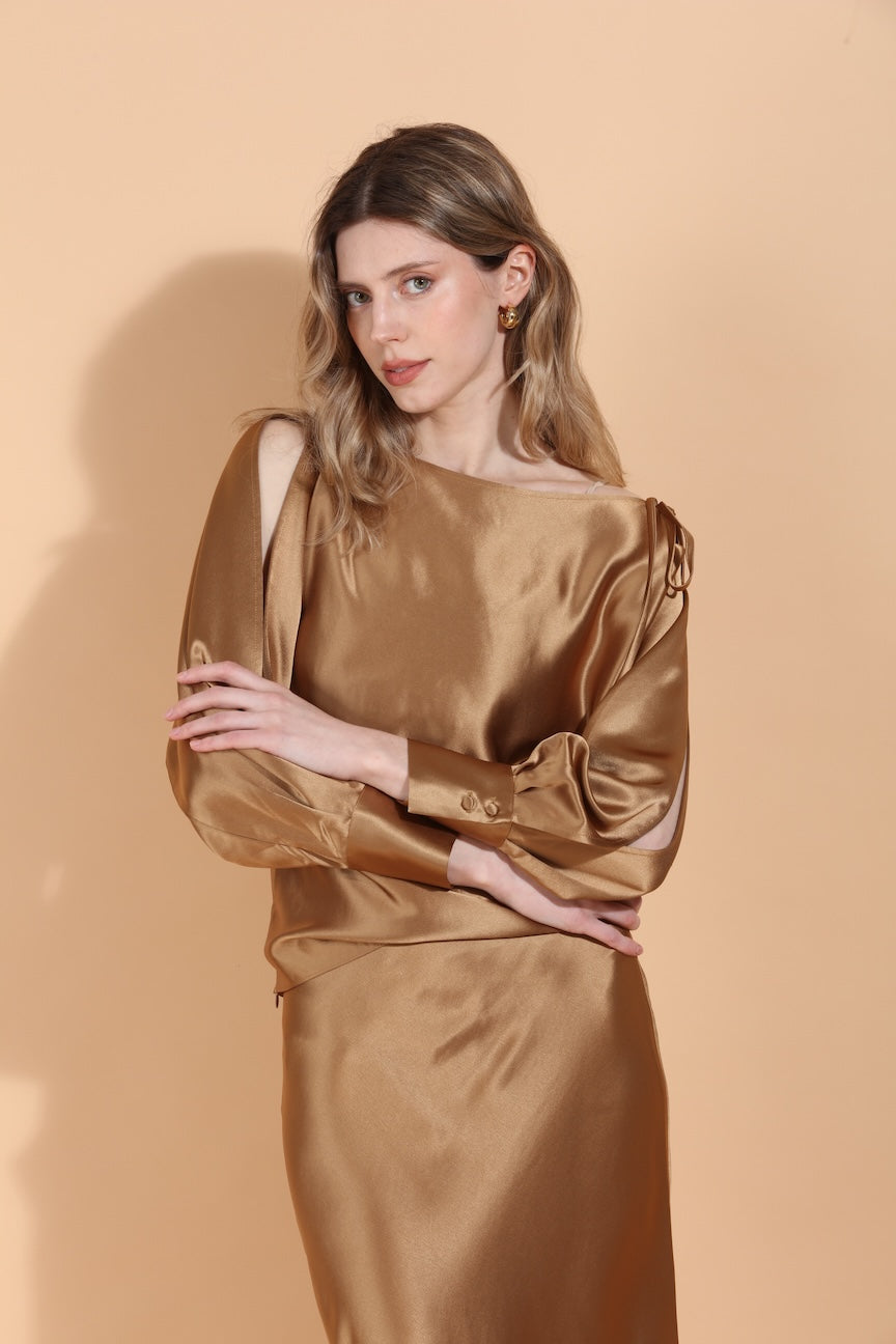 Boat Neck Satin Blouse with Split Sleeves