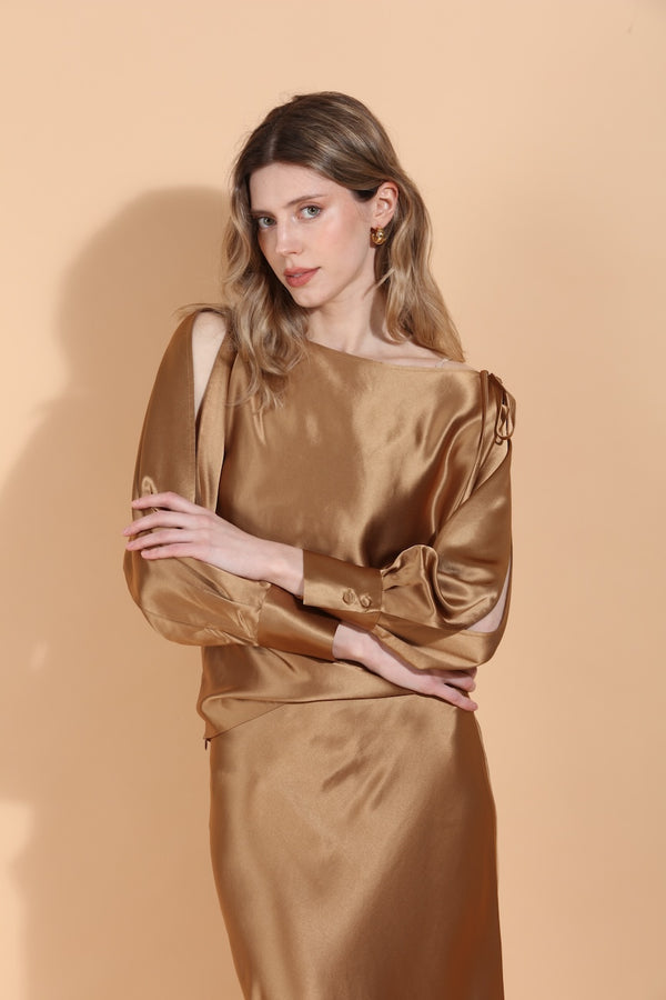 Boat Neck Satin Blouse with Split Sleeves