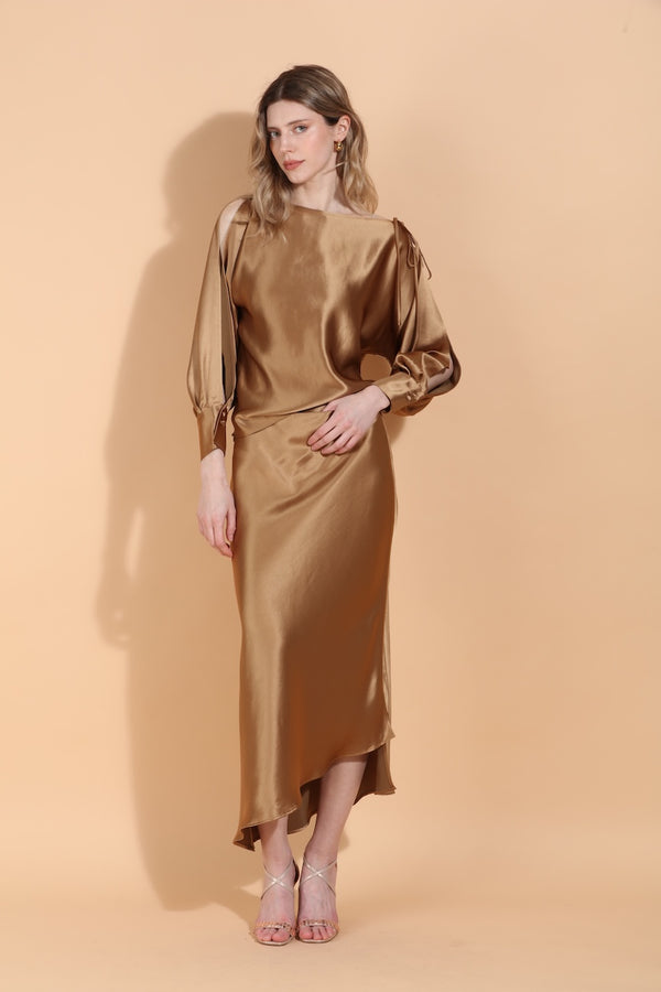 Asymmetrical Hem Satin Slip Skirt with Hidden Elastic Band