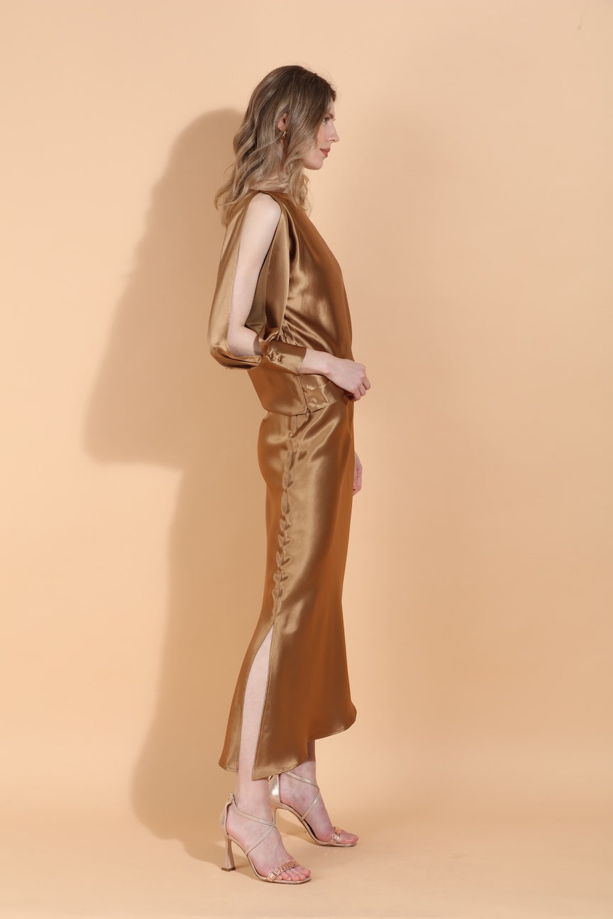 Boat Neck Satin Blouse with Split Sleeves