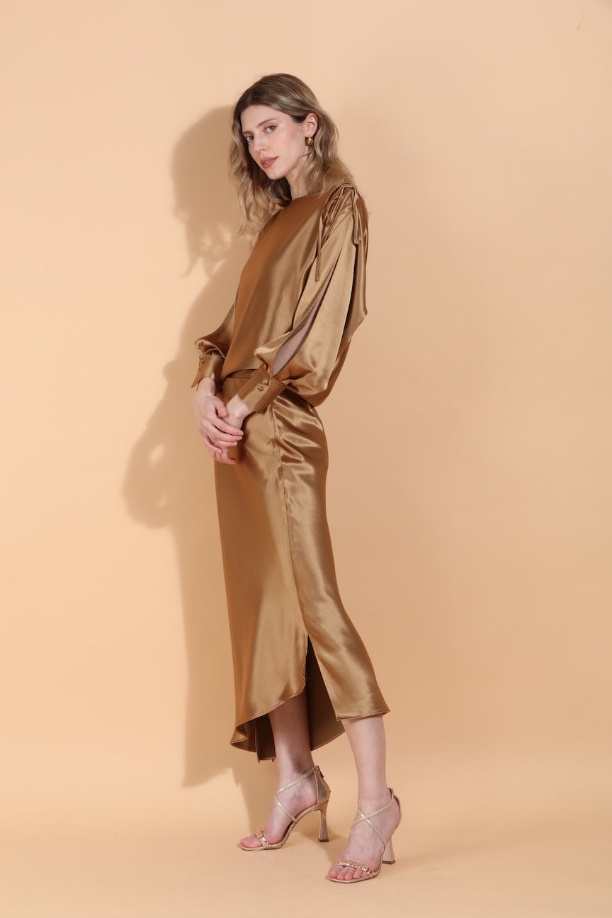 Boat Neck Satin Blouse with Split Sleeves
