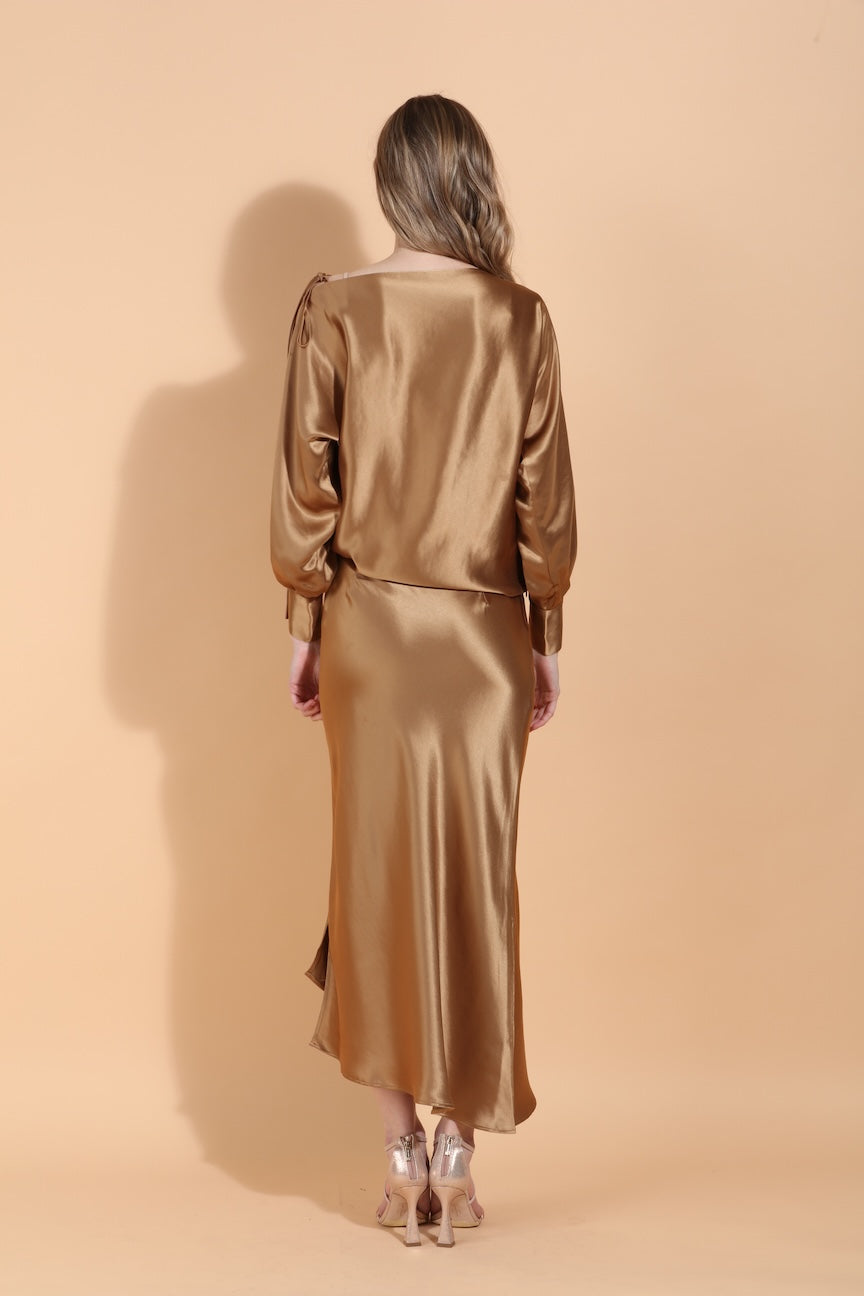 Boat Neck Satin Blouse with Split Sleeves