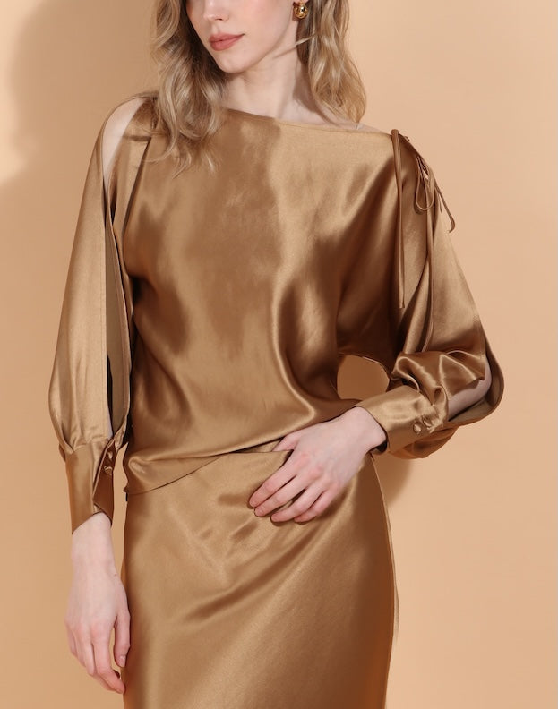 Boat Neck Satin Blouse with Split Sleeves