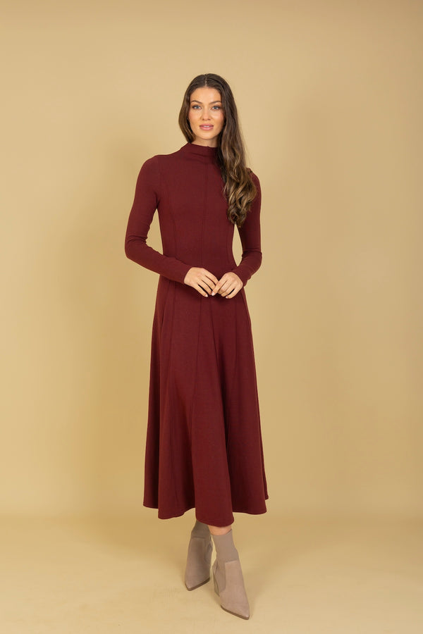 Cotton Blended Mock Neck Gored Dress