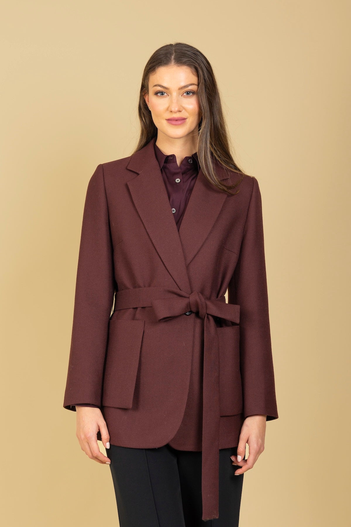 Belted Short Coat with Patch Pockets