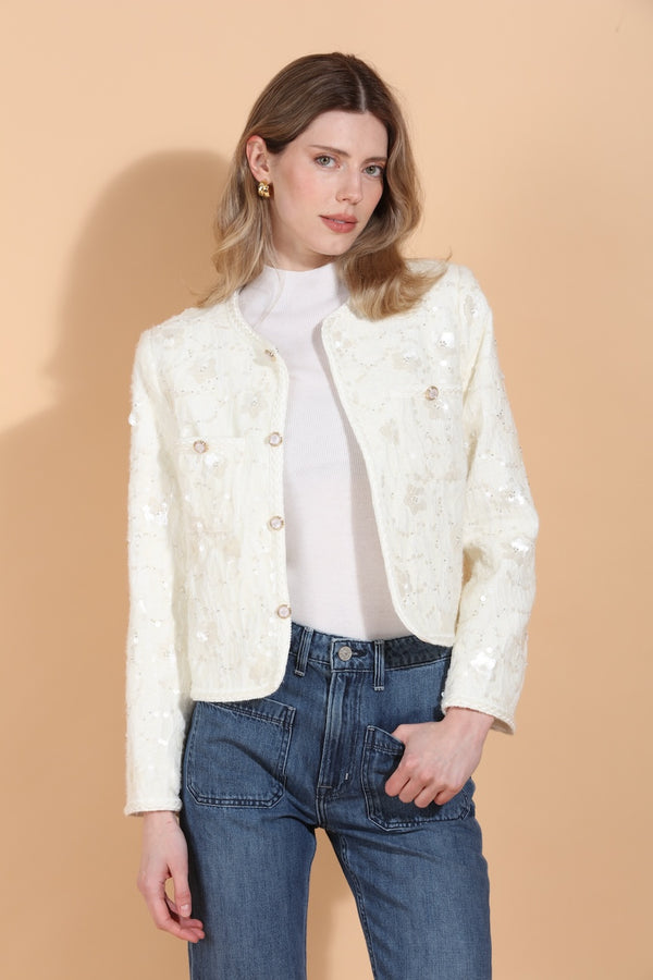Sequin and Bead Embellished Jacket with Jewel Buttons