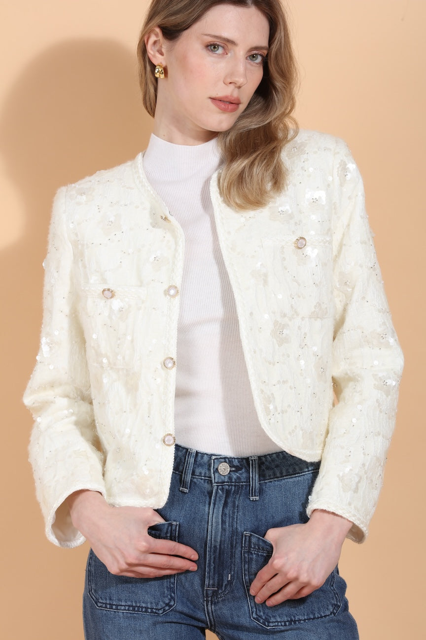 Sequin and Bead Embellished Jacket with Jewel Buttons