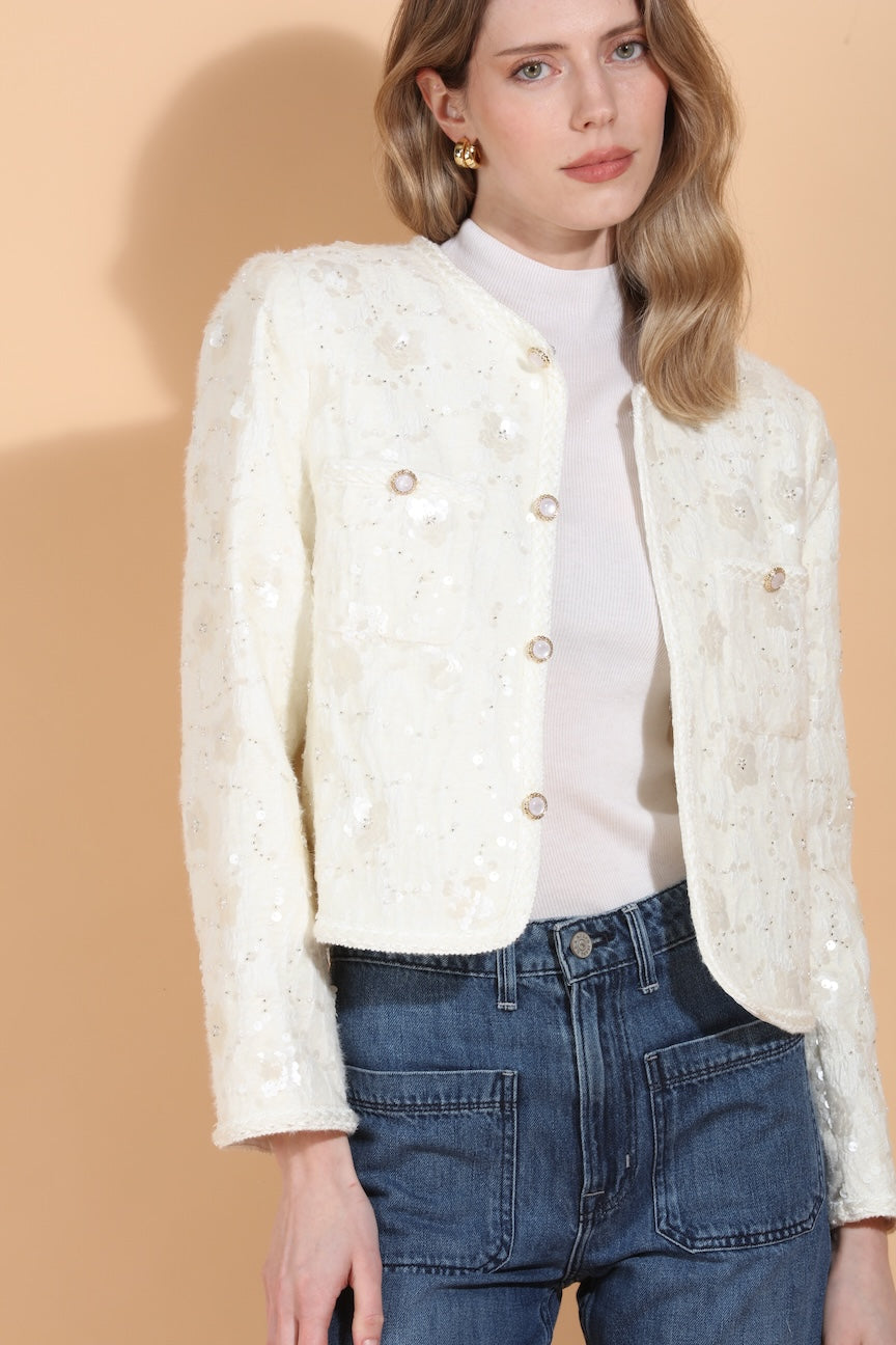 Sequin and Bead Embellished Jacket with Jewel Buttons
