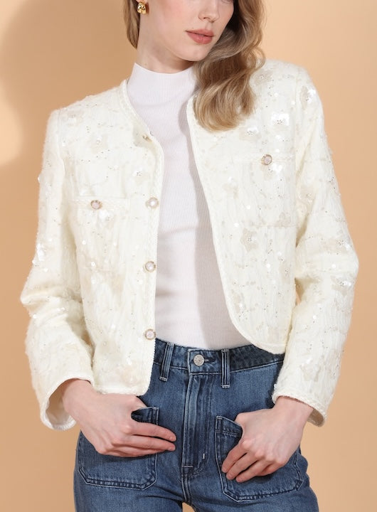 Sequin and Bead Embellished Jacket with Jewel Buttons
