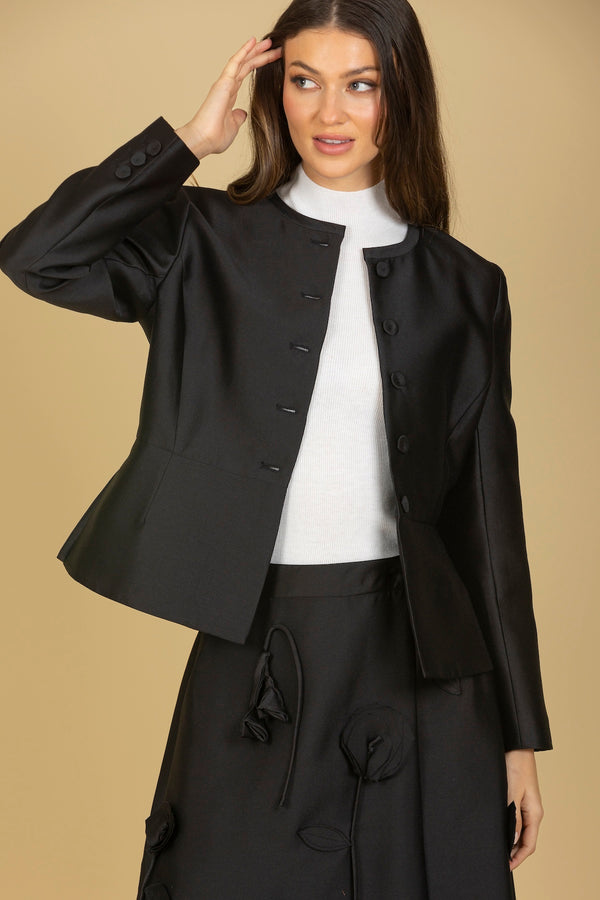 Wool Silk Blended Round Neck Jacket with Peplum