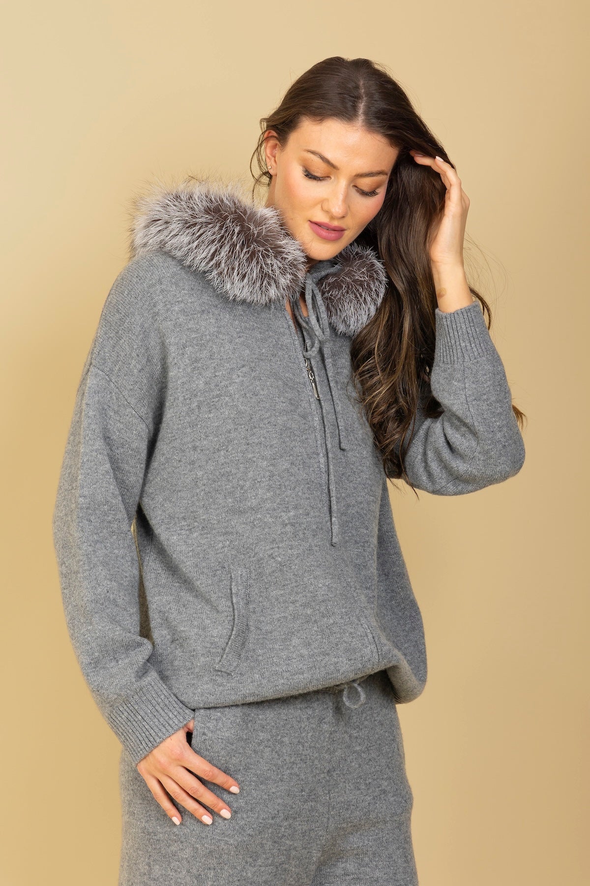 Wool Zip Hoodie with Fur Trim