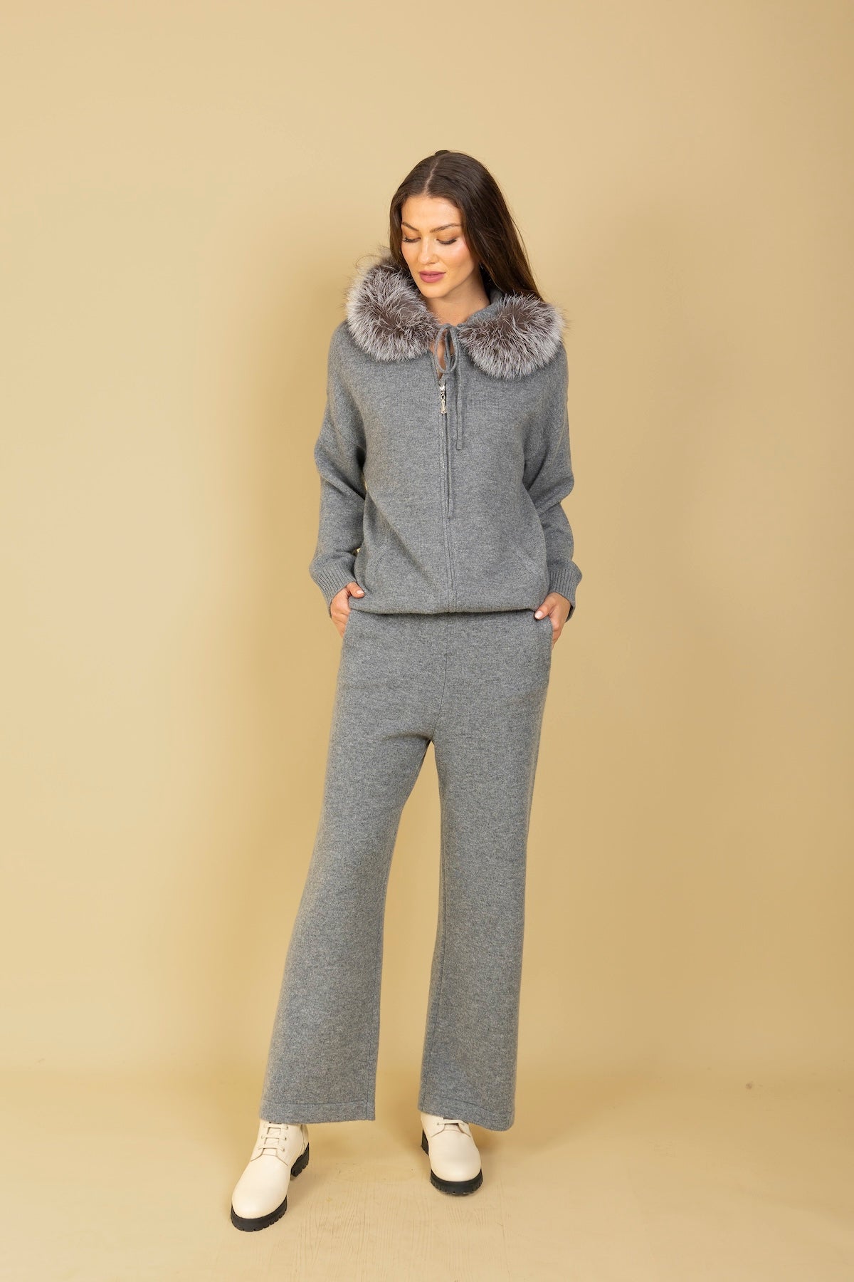 Wool Zip Hoodie with Fur Trim