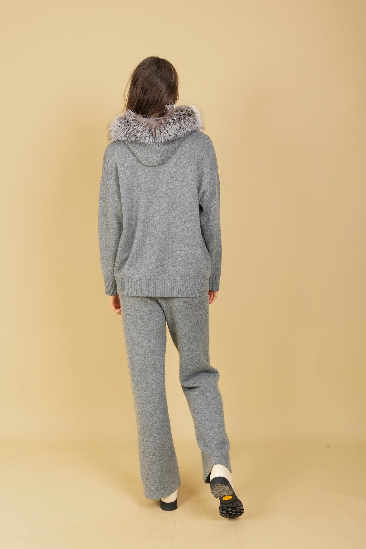 Wool Zip Hoodie with Fur Trim