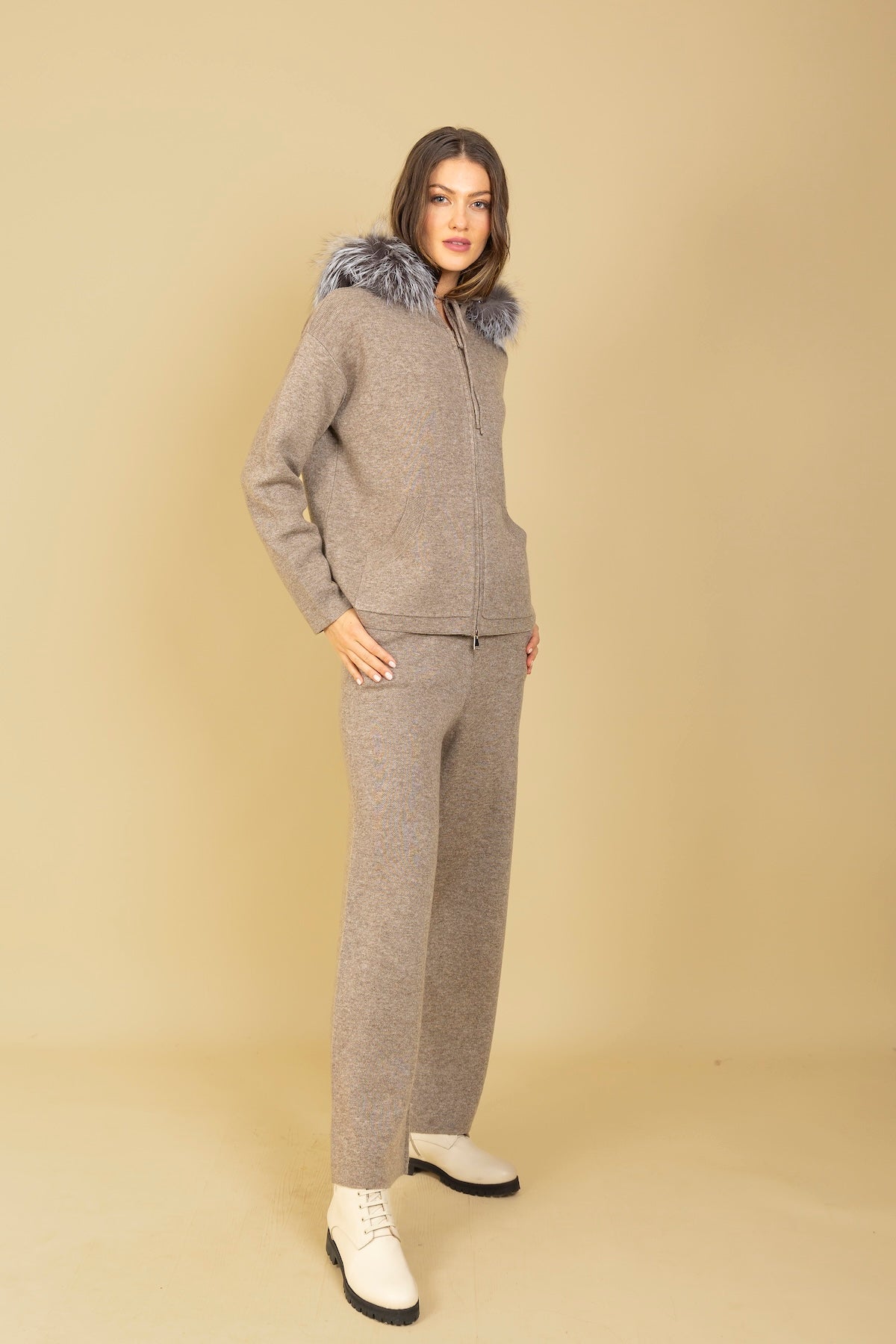Wool Zip Up Hoodie With Fur Trim in Khaki