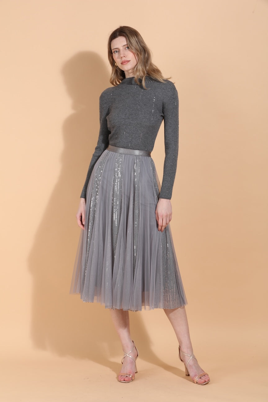 Merino Wool Blend Lightweight Mock Neck Ribbed Knit Top w/ Sequin details