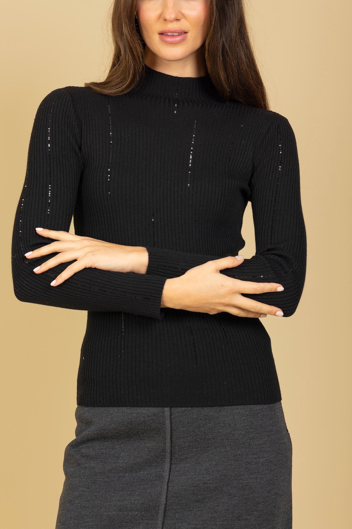 Merino Wool Blend Lightweight Mock Neck Ribbed Knit Top w/ Sequin details